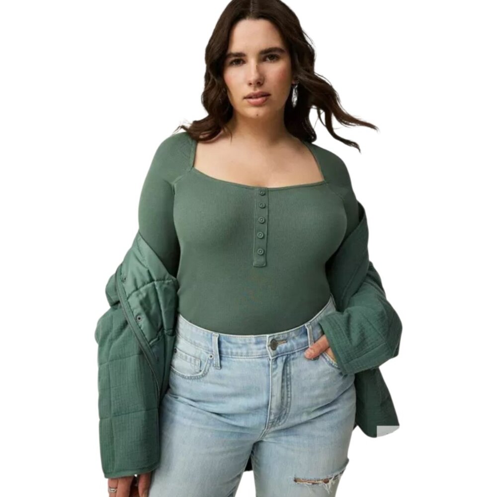 Square Neck Long Sleeve Bodysuit - Green